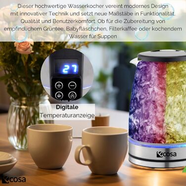 Електричний чайник Ecosa® зі скляною колбою та нержавіючою сталлю, 1,8 л, 2200 Вт, регулювання температури 40°C-100°C, з підігрівом, LED-підсвічуванням, BPA Free