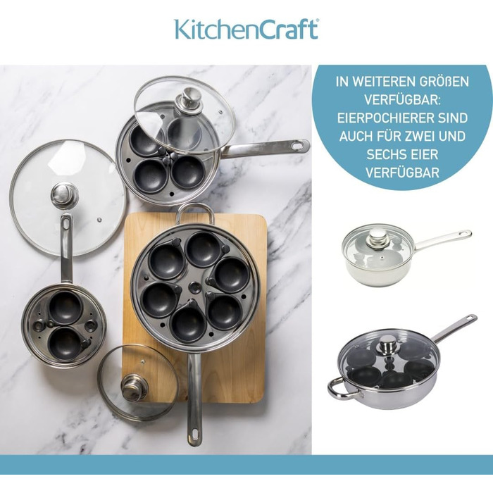 Каструля для приготування яєць-пашот KitchenCraft, антипригарна, з нержавіючої сталі, для 6 яєць, індукційна, 26 см, срібляста