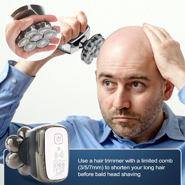 Електрична машинка для гоління голови Qhecomce 6-в-1, чоловіча, з 7 плаваючими головками, для сухого та вологого гоління, чорна