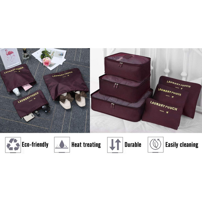 Органайзер для валізи Vicloon, набір 8/6 шт. - пакувальні куби, аксесуари для подорожей, косметички, сумочки для взуття (Бордовий)