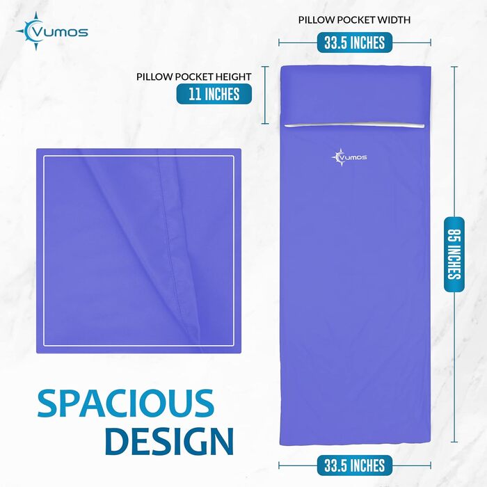 Vumos Sleeping Bag Liner and Camping Sheet - Silk-Like Material for Travel, Featuring a Full-Length Zipper