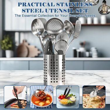 Набір кухонних аксесуарів BEWOS 15 предметів: ложки, шпателі, органайзер, нержавіюча сталь, для кухні