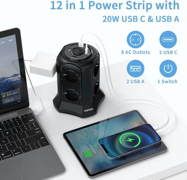 Многорозеткова смуга з USB, 8 розеток, з вимикачем, 4000W/16A, захист від перенапруги, 5м кабель, чорний колір