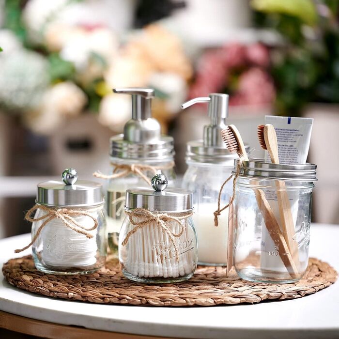 Mason Jar Bathroom Accessories Set, 4 Piece, Foaming Soap Dispenser & 2 Qtip Holders & Toothbrush Holder, Rustic Farmhouse Decor, Apothecary Glass, Countryside Countertop (Black) (Luxurious, Rustic, Brushed Nickel)