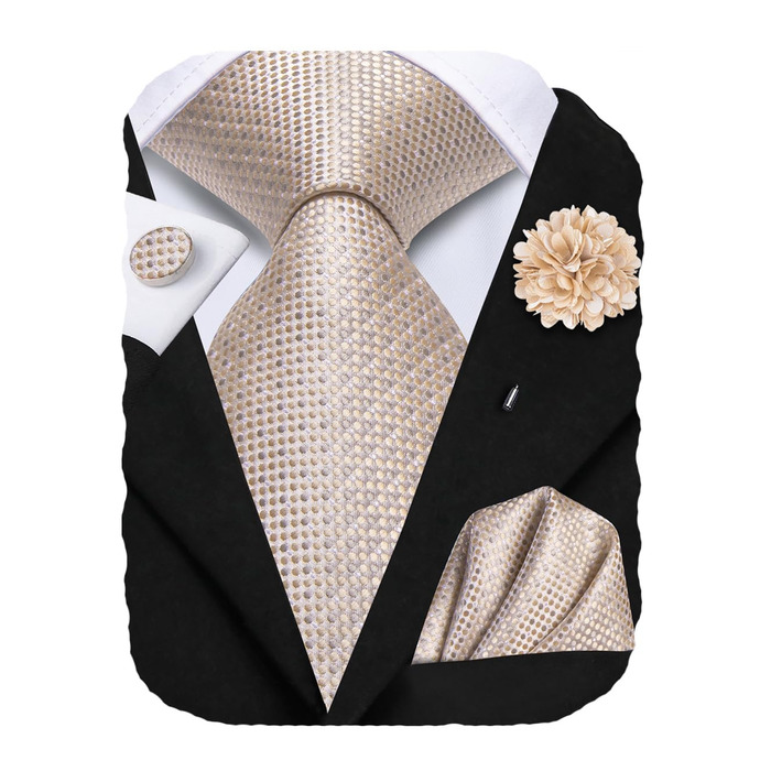 Комплект краватка та хустинка Hi-Tie для весілля, жаккардовий шовковий галстук, запонки та брошка для піджака, шампань
