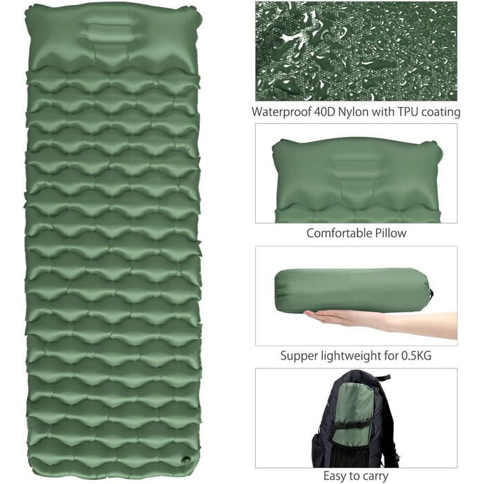 Isomatte Camping Ultralight Inflatable Sleeping Pad with Pillow - Waterproof Folding Air Mattress for Camping, Hiking, Travel & Backpacking (Green)