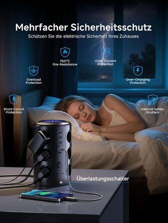 Багаторозеткова мережева панель Pluackg з 5 USB, 12 розеток, захистом від перенапруги, 2м кабелем, чорна