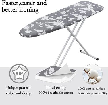 Чохол для гладильної дошки, 140 x 50 см, великий, з бавовняним покриттям, посилений, антибац. сірий квітковий, XXL