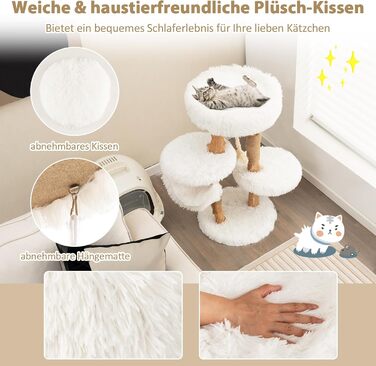 Кігтеточка для котів COSTWAY 87 см з гамаком, джутовим покриттям та м'якими сидіннями, дерев'яний кігтеточний комплекс, білий, 2 стовпчики