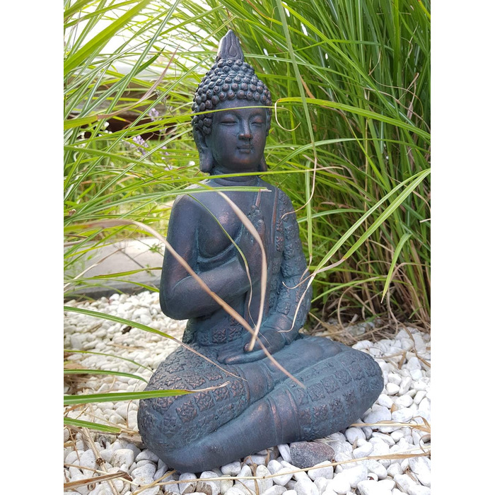 K&L Wall Art Sitting Buddha Figure for Indoor and Outdoor Use, 33cm Feng Shui Decor, Artificial Stone Statue, Zen Garden Figure, Stone (33cm Bronze Look)