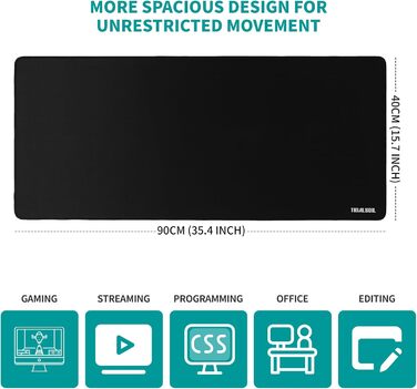 Килимок для миші геймерський XXL 900x400 мм, чорний, з гумовою основою - килимок для ігор та офісу, довговічний, з бортиком