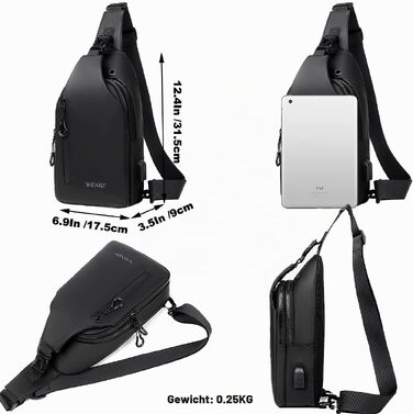 Чоловіча сумка-слінг через плече Crossbody: водонепроникна нагрудна сумка для прогулянок, їзди на велосипеді та роботи (Чорна)