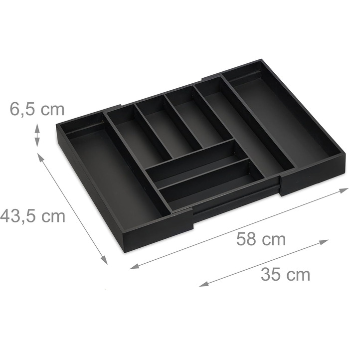 Relaxdays Cutlery Box Extendable, Bamboo, HBT 6.5 x 35-58 x 43.5 cm, 6-8 Compartments, Cutlery Insert for Drawer, black
