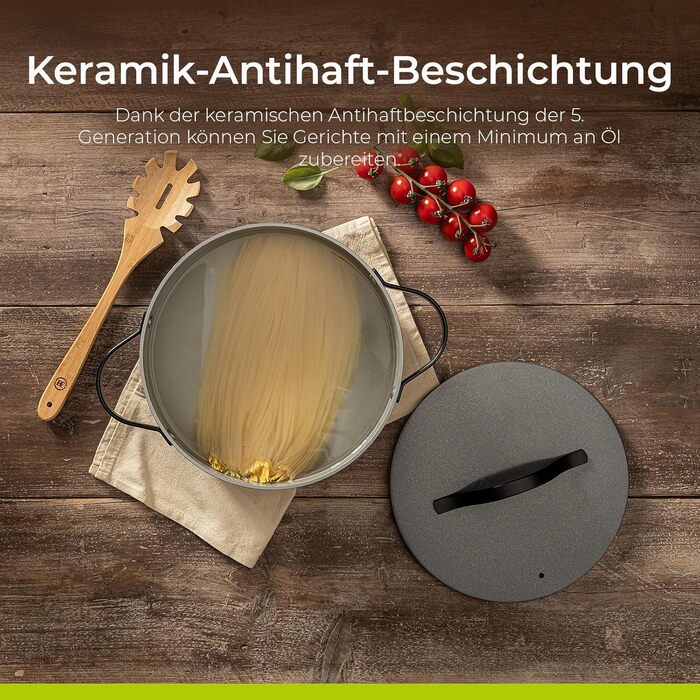 Каструля Be Living Essential з кришкою, 24 см, 7 літрів, антипригарне покриття Keramik, для індукційних плит, без PTFE та PFOA, сіра