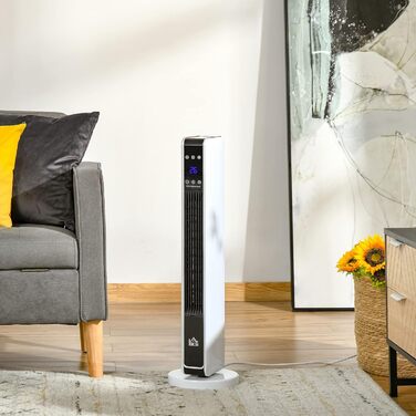 Електричний обігрівач HOMCOM 2200W – керамічний нагрівальний тумба з пультом, таймером та осциляцією, білий+чорний, 21 x 21 x 73 см