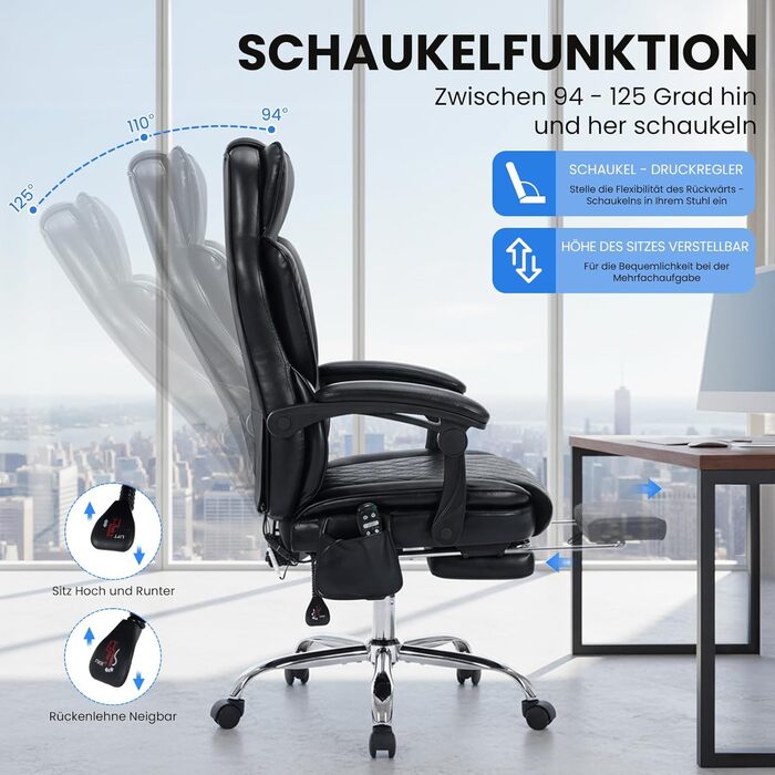 Офісне крісло Colamy з ергономічною підтримкою спини, регульованою підголівником та функцією масажу (чорний)