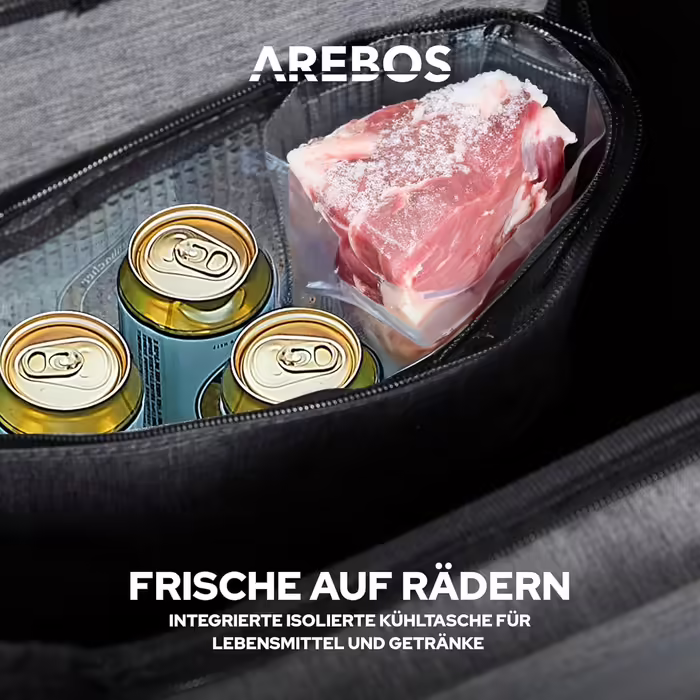 Візок для покупок Arebos 3в1, 56 л, з термовідділенням, складний, на колесах, сіра знімна сумка