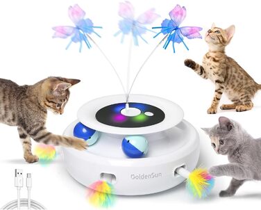 GoldenSun Cat Toy, 3-in-1 Electric Interactive Automatic Toy for Cats, Whack-A-Mole, Fluttering Butterfly, Includes Ball, USB Rechargeable Cat Teaser with 6 Attachments