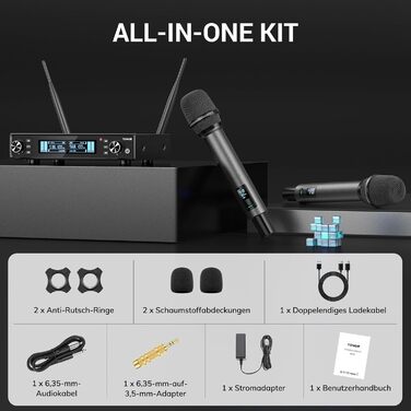 TONOR TW550 Бездротовий мікрофонний комплект з функцією автосканування, PRO-UHF, 2 мікрофони, 80 м радіус дії, 6,35 мм/3,5 мм, для караоке, вечірок, церкви, DJ