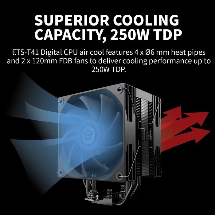 Кулер для CPU ENERMAX ETS-T41D: 2x 120mm вентилятор, гідравлічний підшипник, 4 теплові трубки, підтримка AMD AM5/AM4, Intel LGA1851/1700/115x, TDP 200W+