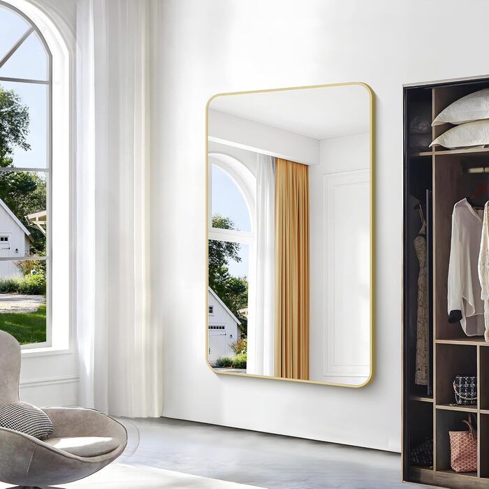 Дзеркало для ванної кімнати BONEWEI, 61 x 121,9 см, прямокутне, для монтажу на стіну, з рамою, косметичне дзеркало з округлими кутами, для спальні, вітальні, передпокою, горизонтальне (Золотий, 150x90 см)