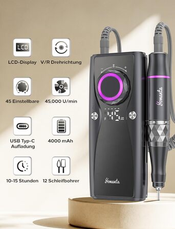 Професійний набір для фрезерування нігтів Nagelfräser: 45000 обертів, акумулятор 10H, LCD-дисплей, регулювання напрямку обертання, чорний