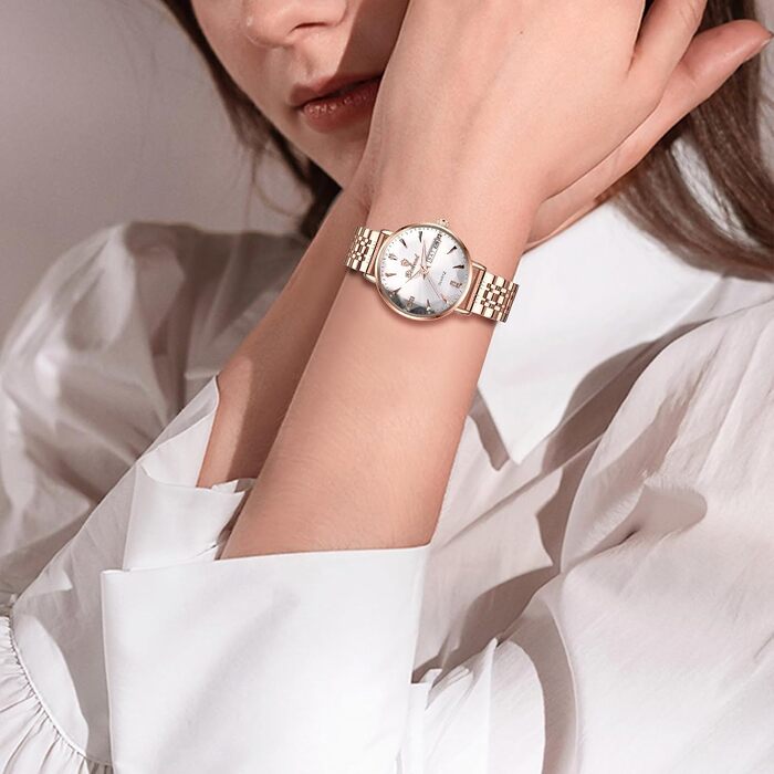 Жіночий годинник JewelryWe Rosegold: аналоговий кварцовий годинник зі сталевим браслетом, водонепроникність 30м, календар, підсвічування стрілок та гранійним склом (Рожеве золото - Білий)