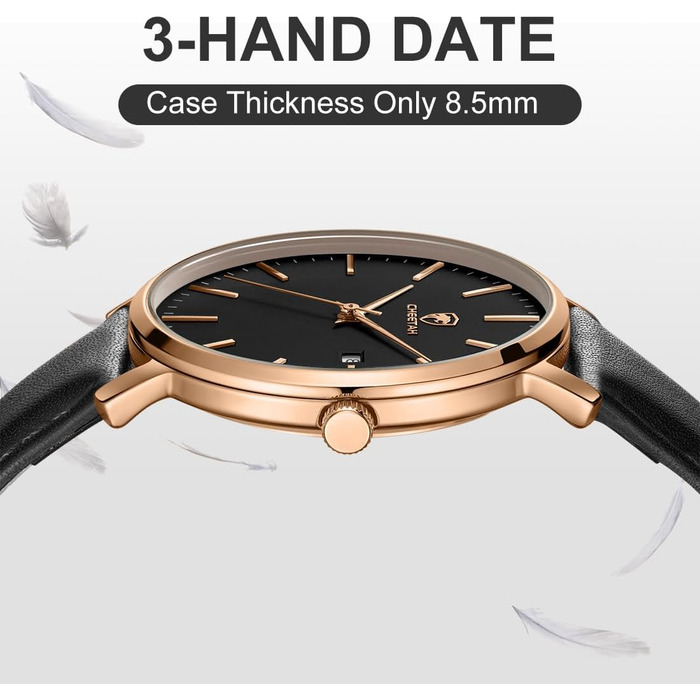 Чоловічий годинник Cheeta: мінімалістичний дизайн, кварцовий механізм, водостійкість 3 ATM, шкіряний ремінець, дата, спортивний стиль, рожеве золото, чорний колір