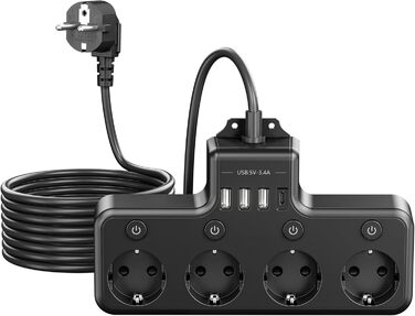 Багатофункціональна мережа з USB та вимикачем, 9 розеток, 2м кабель, кутова розетка, чорний колір, індивідуальне вмикання, для кухні та столу, монтаж на стіну