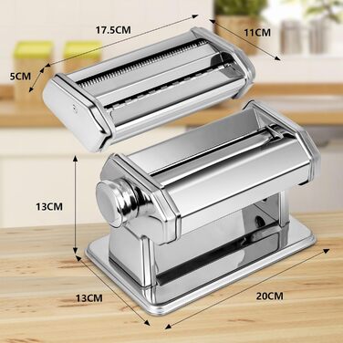 Manual Pasta Machine, Stainless Steel Pastamaker with Two Widths, Stainless Steel Roller and Cutter with 7 Adjustable Settings for Noodles, Spaghetti, Fettuccine, Lasagna