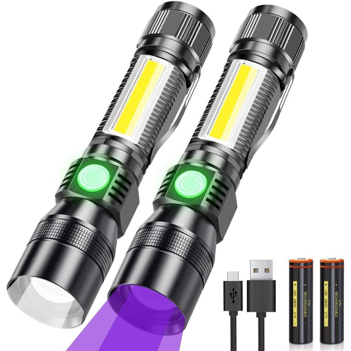 Karrong LED ліхтарик USB з магнітом, ультрафіолетовий 395 нм, 7 режимів, червоне світло, акумулятор, для кемпінгу та туризму, 2 шт.