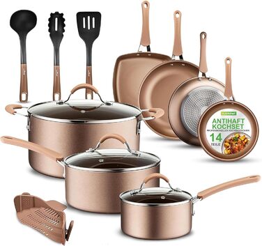 NutriChef Cookware Set, Induction, 14-Piece Non-Stick Pan Set, Pots & Pans PFOA/PFOS-Free, Cookware Set, Kitchen Set, Stainless Steel, Aluminum – High-Quality Cookware Set for All Cooktops Gold