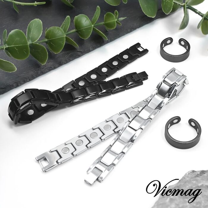 Браслет магнітний чоловічий Vicmag з титанової сталі, подвійний ряд магнітів, регулювальний інструмент, подарункова коробка (однорядний, срібний)