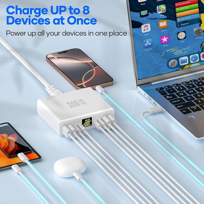 Зарядний пристрій USB-C багатопортовий 8 портів 200W GAN YSYFAD з LED індикатором, PD PPS Type-C, QC3.0, швидка зарядка для iPhone, iPad, MacBook, ноутбуків, білий