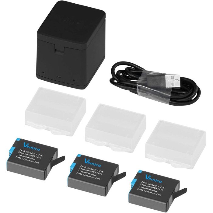 Зарядний комплект Vemico Hero 8: 3 акумулятори 1500 mAh, 3-канальна зарядна станція з Type-C USB, захисний ковпачок, сумісний з Hero 8/7/6/5/AHDBT-801