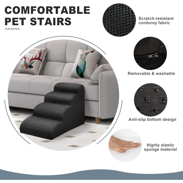 Сходинки для собак Mozvvco: 4 сходинки, м'який матеріал, знімна оббивка, чорного кольору