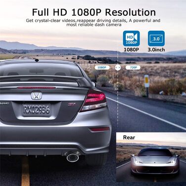 Відеореєстратор ORSKEY Dashcam Auto 1080P Full HD з двома об'єктивами для автомобіля, 170° кут огляду, циклічна запис, G-сенсор, LCD-екран