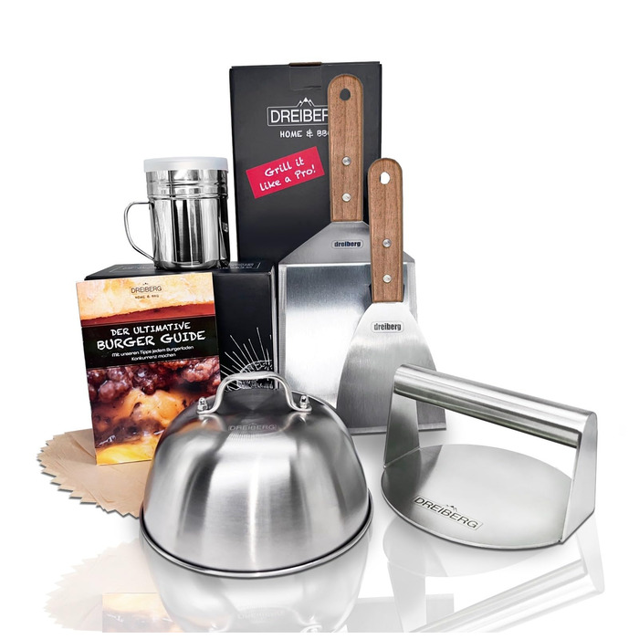 Набір для приготування бургерів DREIBERG® з нержавіючої сталі (9 предметів): шпатель, кришки для плавлення, прес, смашер, дозатор спецій, рецепти, папір для випікання