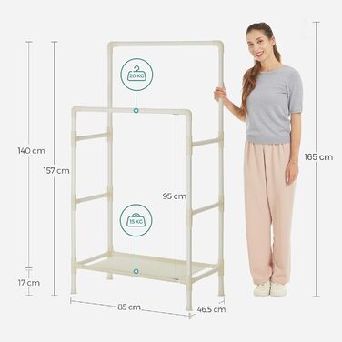 SONGMICS Стійка для одягу металева, з 2 перекладинами та полицею, біла, до 55 кг, проста збірка RDR01WT