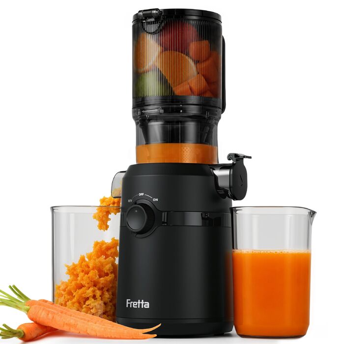 Шнекова соковижималка Fretta Slow Juicer з широким завантажувальним отвором для цілих овочів та фруктів, BPA-free Tritan, 1 л, димчасто-чорна