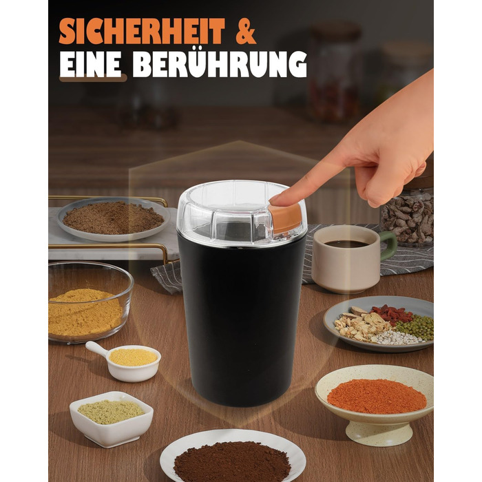 Електрична кавомолка 80г, потужний 350W двигун для кави та спецій, з регулюванням помелу, портативна, з щіткою для чищення, нержавіюча сталь, чорний