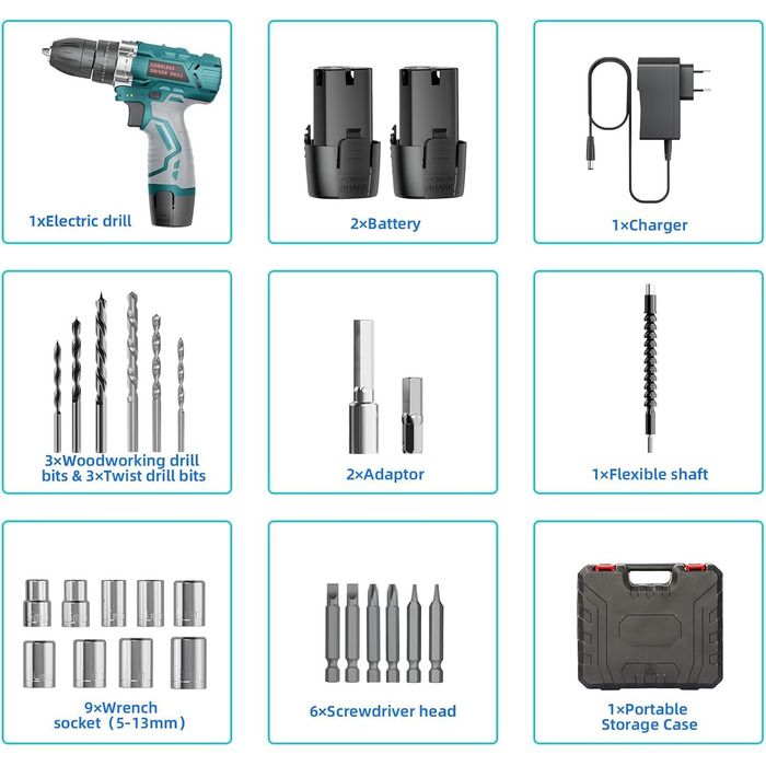 Акумуляторний шуруповерт 12V, 25 Nm, 2×2000mAh, 25+3 ступні крутного моменту, 24 шт. аксесуарів & кейс – для дому, DIY та монтажу меблів RT1028-H