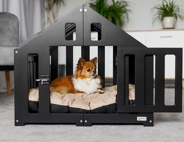 Будка для собак з дерева, клітка для собак із замком, вольєр для тварин, чорна (74 x 53 x 64 см)