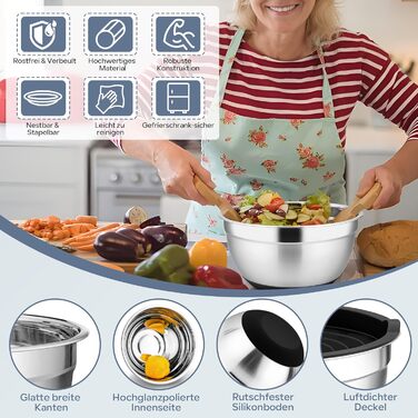 HaWare Mixing Bowl Set of 6, Stainless Steel Bowl Salad Bowl Set with Airtight Lid & 3 Grater Attachments, 4.6L/2.8L/2.5L/1.6L/1.2L/0.7L, Non-Slip Silicone Bottom & Dishwasher Safe, Black