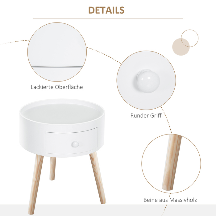 HOMCOM Coffee Table with Drawer, Round Side Table, Coffee Table with a Load Capacity of up to 50 kg, 38x38x45cm in White for Living Room & Bedroom