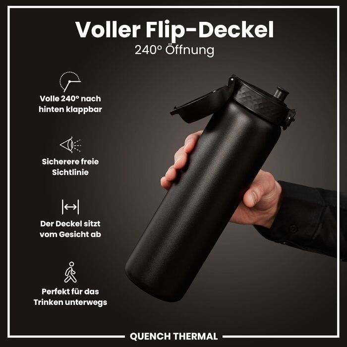 Ion8 Vacuum Insulated Stainless Steel Water Bottle, 1 Liter, 920 ml, Leak-Proof, One-Handed Opening, Secure Locking, Dishwasher Safe, Carrying Handle, Durable, Ideal for Sports and Yoga