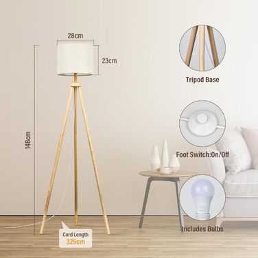 Стельова лампа для вітальні, LED, регулювання яскравості, 3 колірні температури, дерев'яна, з таймером, з абажуром, з вимикачем для вітальні, спальні, офісу