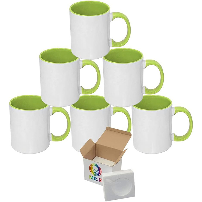 MR.R Set of 6 Sublimation Blanks, 334 ml, Dishwasher-Safe Ceramic Coffee Mugs, Green Color, Interior Cup and Handle, Drinking Cup for Milk, Tea, Cola, Water