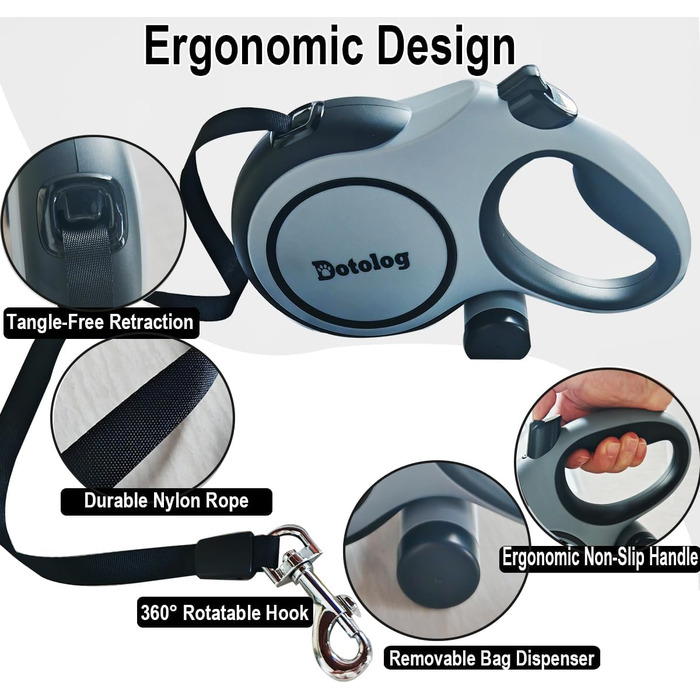 Рулетка для собак 8м, висувна повідка для собак середніх та великих порід до 50 кг, повідка-рулетка, подарунок для собаки (сірий/чорний, 8 м)