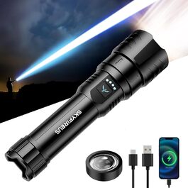 Ліхтар налобний LED Skyfire 900000 Люмен з лінзою для розпалювання вогню, USB, 4 режими яскравості, Zoom, для кемпінгу, надзвичайних ситуацій та походів, чорний